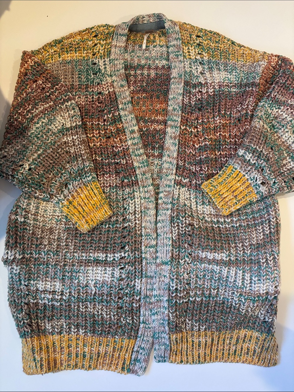 Free People Multicolor Marled Open Cardigan with Yellow Accents